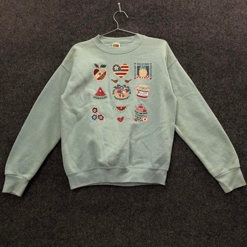 Vintage Women's Medium seafoam Fruit Of The Loom embroidered fruit sweatshirt